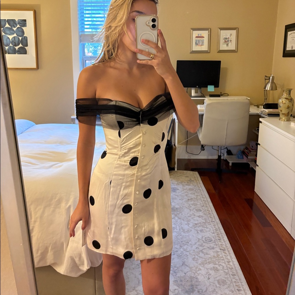 For Love And Lemons White Satin Polka Dot Off-Shoulder Mini Dress